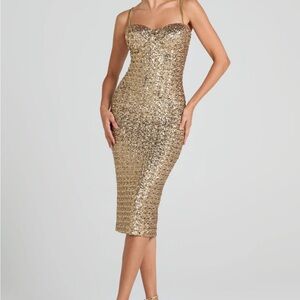 NADINE MERABI Shimmering Gold Midi Dress
